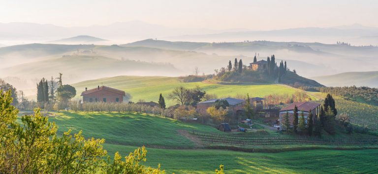 Sunrise over Val D'Orcia, near San Quirico d'Orcia, Siena, Tuscany, Italy