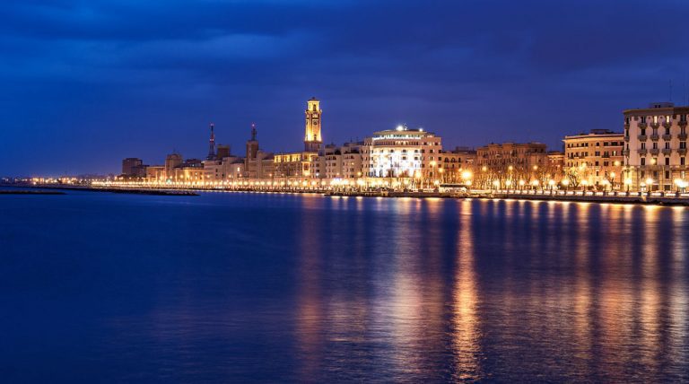 Bari night cityscape and  seafront. city lights at evening