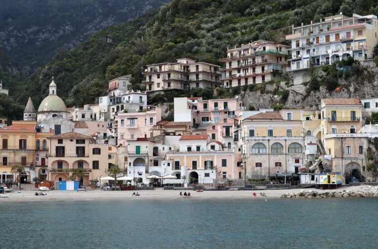 Cetara, Campania, Italy - May 6, 2021: Spiaggia della Marina, the main beach of the village on the Amalfi Coast