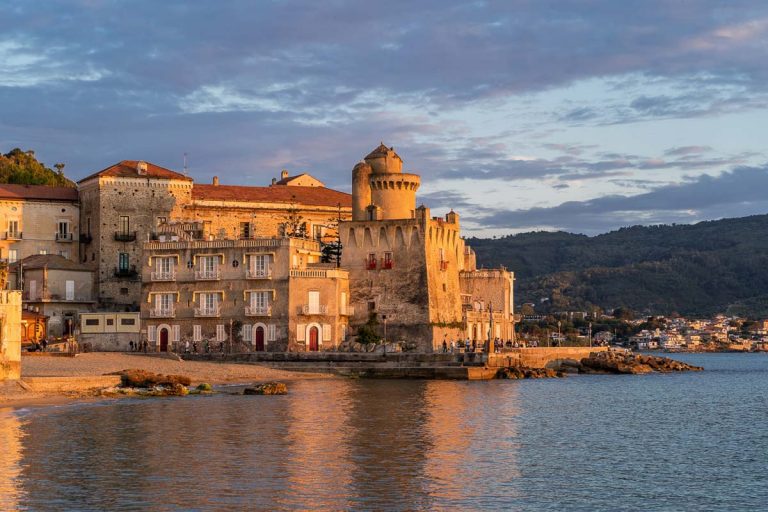 Castellabate, Cilento Coast, Italy, June 2020: The Perrotti Tower on Marina Piccola Beach, in Santa Maria di Castellabate, Cilento Coast, Salerno, Campania, Italy