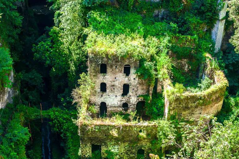 The “Valle dei Mulini,” or “Valley of Mills,” is a verdant grouping of modern ruins nestled at the bottom of a deep Italian crevasse in Sorrento, Amalfi coast