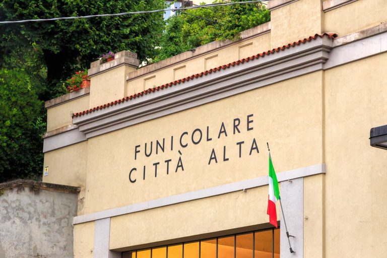 Bergamo, Italy - July 15, 2019: Lower Station Funicolare Bergamo Alta. Viale Vittorio Emanuele II Street. Rainy weather