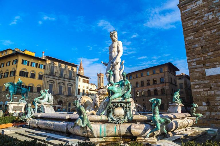 The fountain of Neptune by Bartolomeo Ammannati, in the Piazza della Signoria, Florence, Italy
