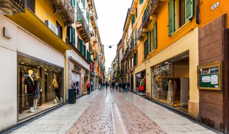 VERONA, ITALY - SEPTEMBER 26, 2019: Via Giuseppe Mazzini (Mazzini Street). Via Mazzini is the famous shopping street in Verona. Italy.