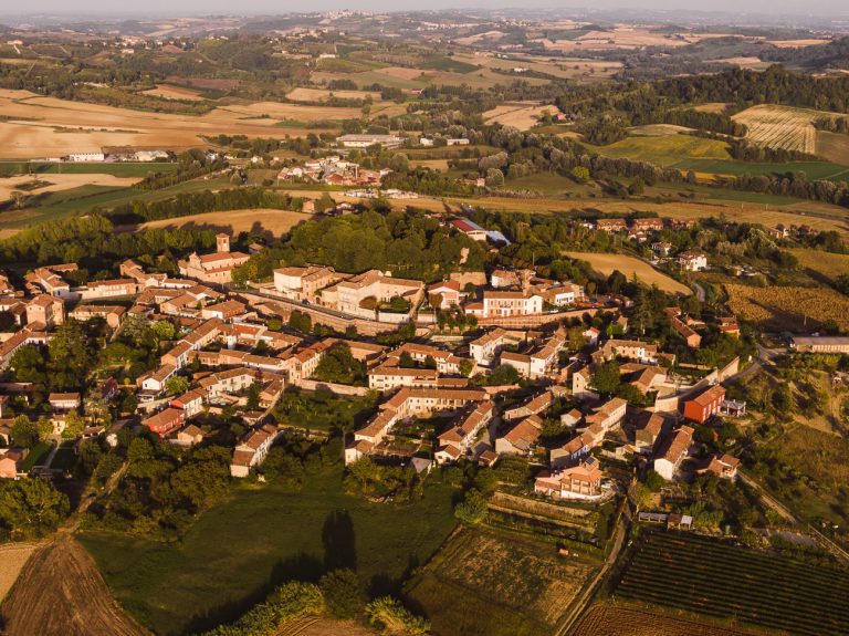 Aerial drone view of Altavilla Monferrato, unesco world heritage