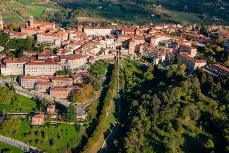 Spectacular aerial view of the medieval village of Mondovì Piazza, municipality of Mondovì. You can see the Duomo and the path of the water-powered Funicular feature