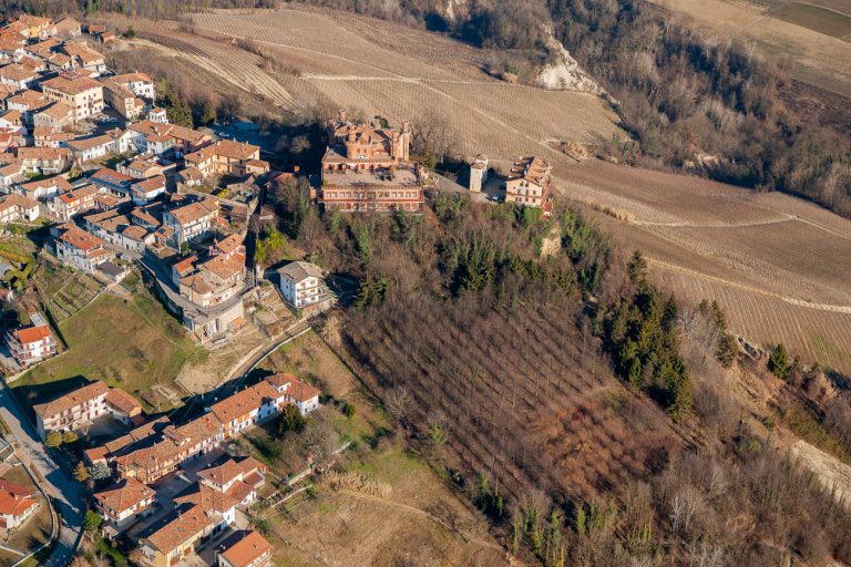 Autumn aerial photo of the village of Novello located in the production area of the famous Barolo wine. Province of Cuneo, Langhe Cuneo, Piedmont, Italy, Europe