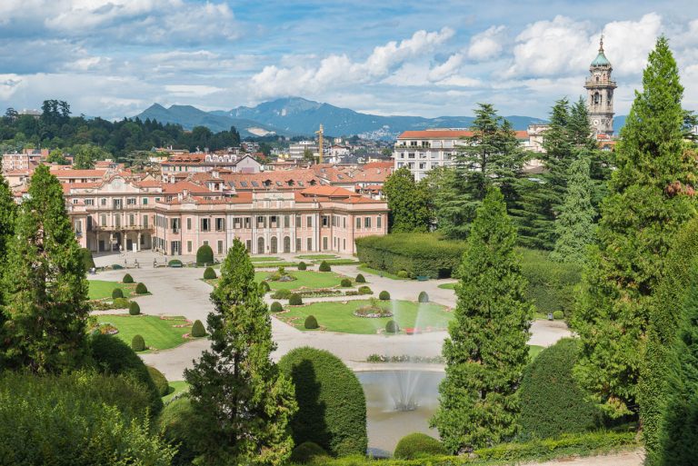 Typical and famous symmetrical Italian garden (giardino all'italiana) or formal garden (giardino formale), in the city center of Varese, Italy. Public gardens or Estensi gardens, mid 18th century